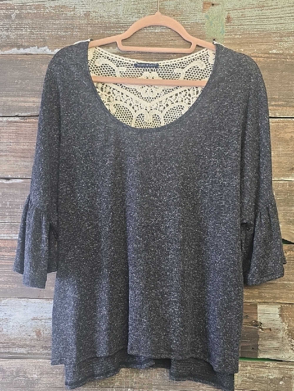 Basil & Lola Lace-Back Scoop Neck Heathered Top - Gray, Oversized Small
